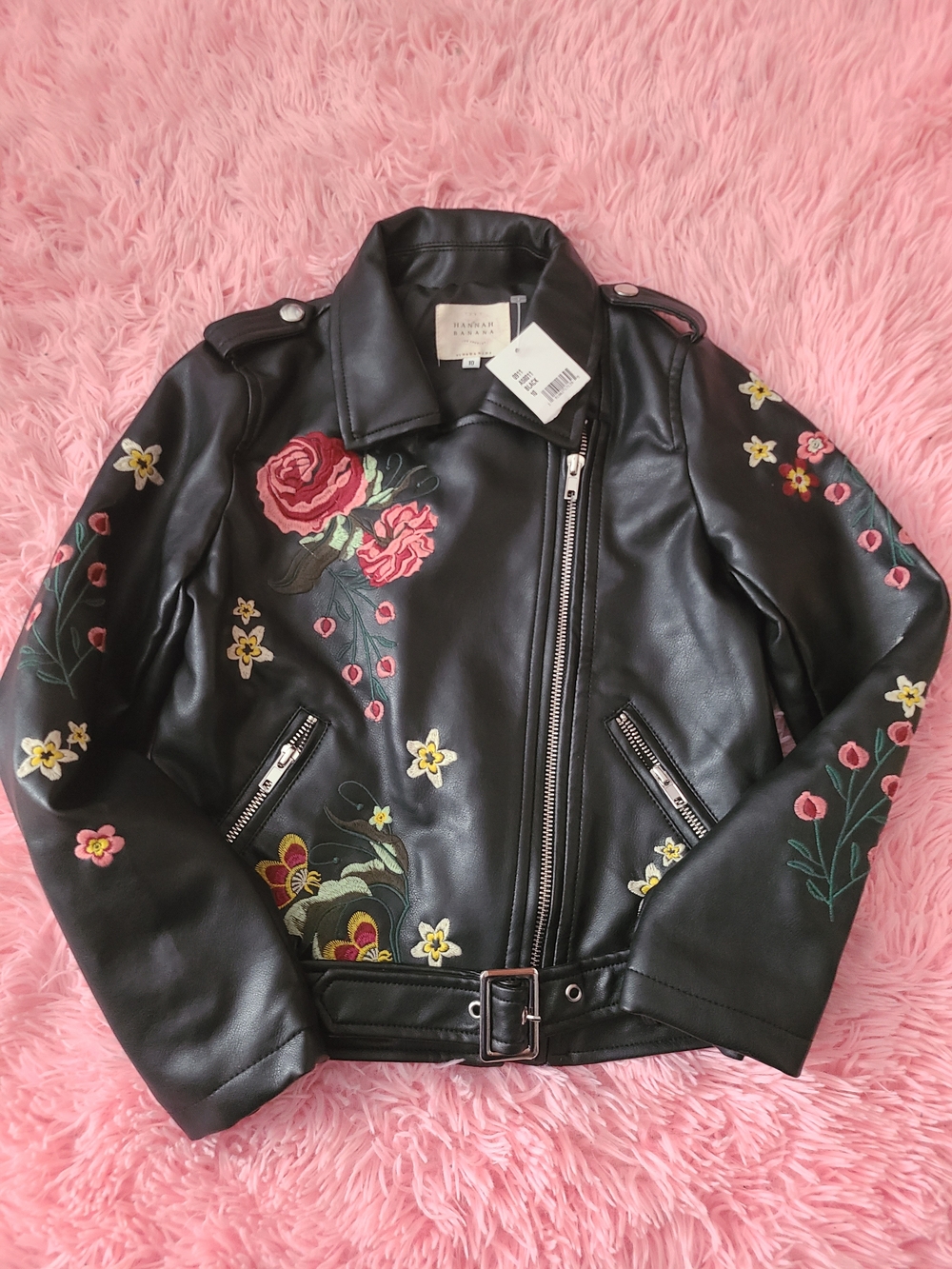 Hannah Banana Black Faux Leather Floral Embroidered Moto Jacket